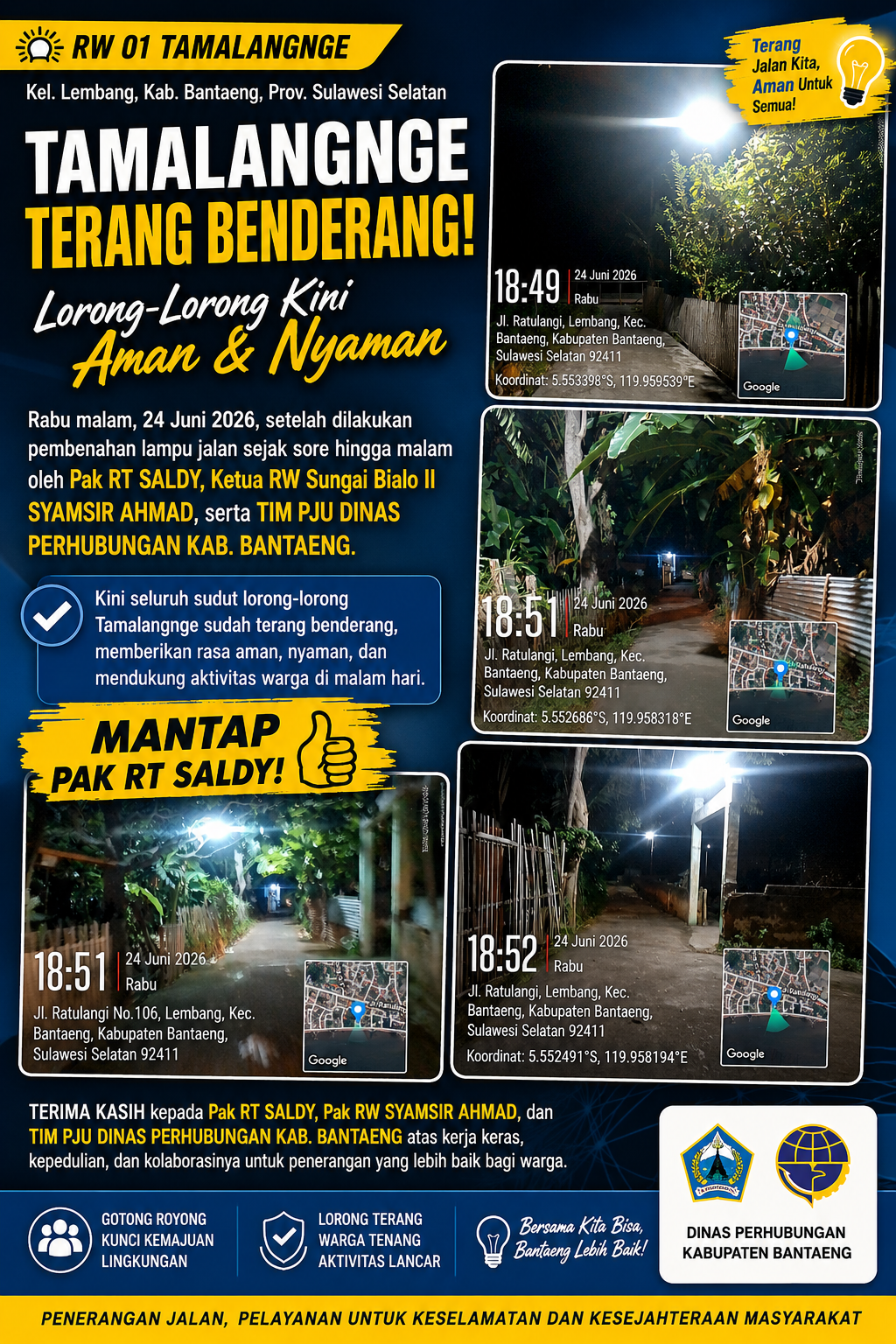 Tamalangnge Kini Terang Benderang, Aksi Cepat RT Saldy dan Kolaborasi Warga Hadirkan Cahaya di Setiap Lorong